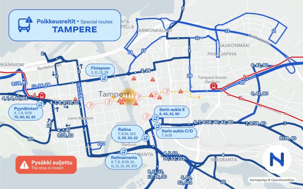 Manse Pride 14.6.2024 joukkoliikenteen poikkeusreitit
