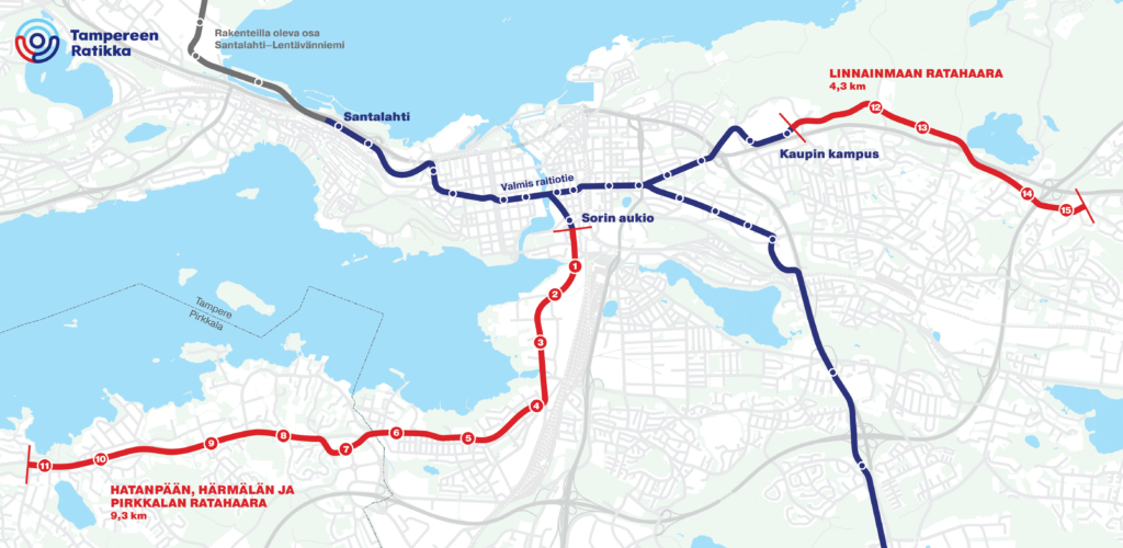 Pirkkala-Linnainmaa-osuuden pysäkit numeroituna