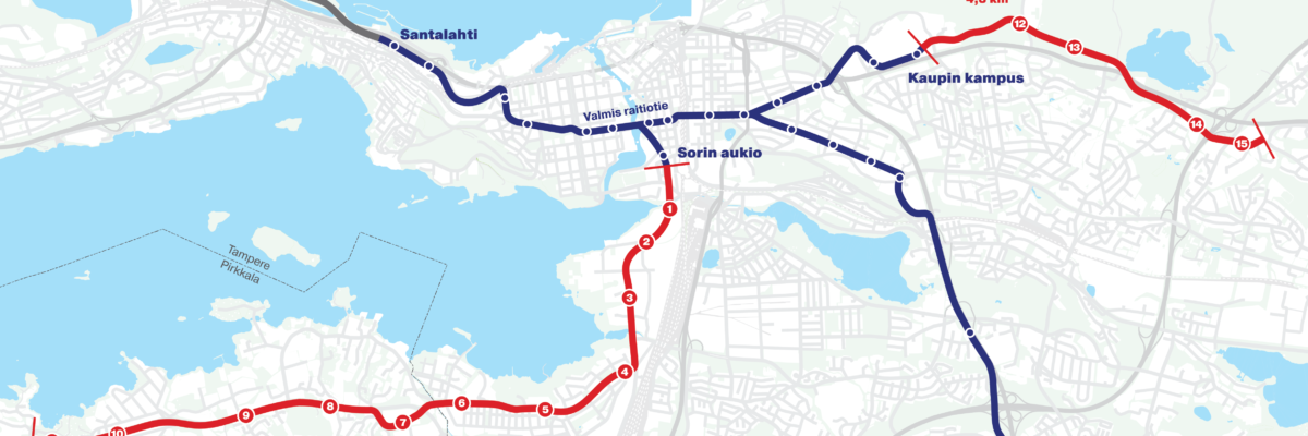 Pirkkala-Linnainmaa-osuuden pysäkit numeroituna