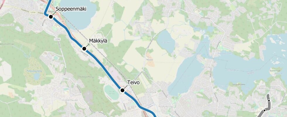 Karttaote Lielahti–Ylöjärvi-raitiotien yleissuunnitelmasta