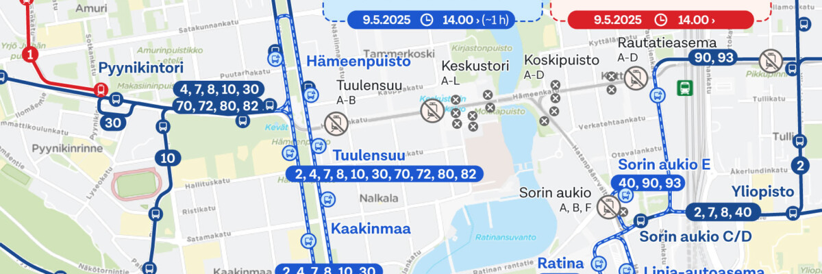 Karttakuva poikkeusreiteistä perjantaina 95.2025.