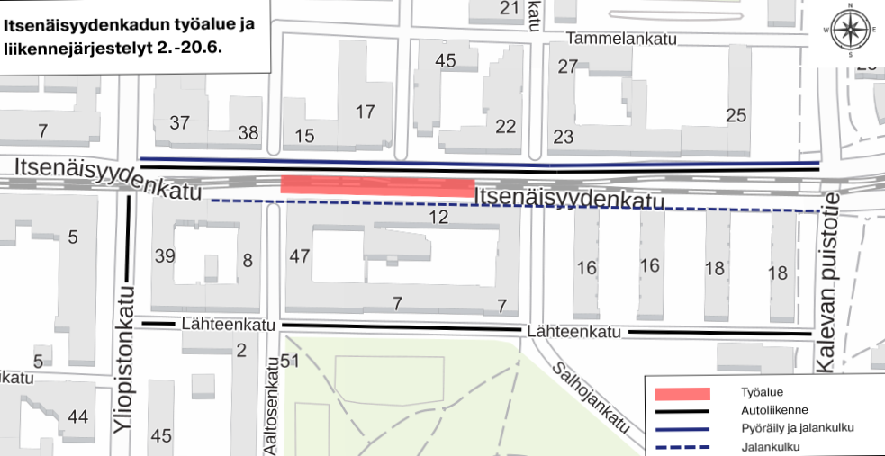Kesäkuun 2025 työalue kartalla Itsenäisyydenkatu