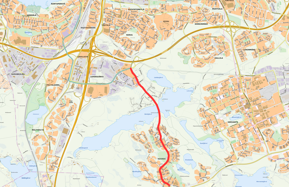 Suunnittelualue kartalla, Vuoreksen puistokatu