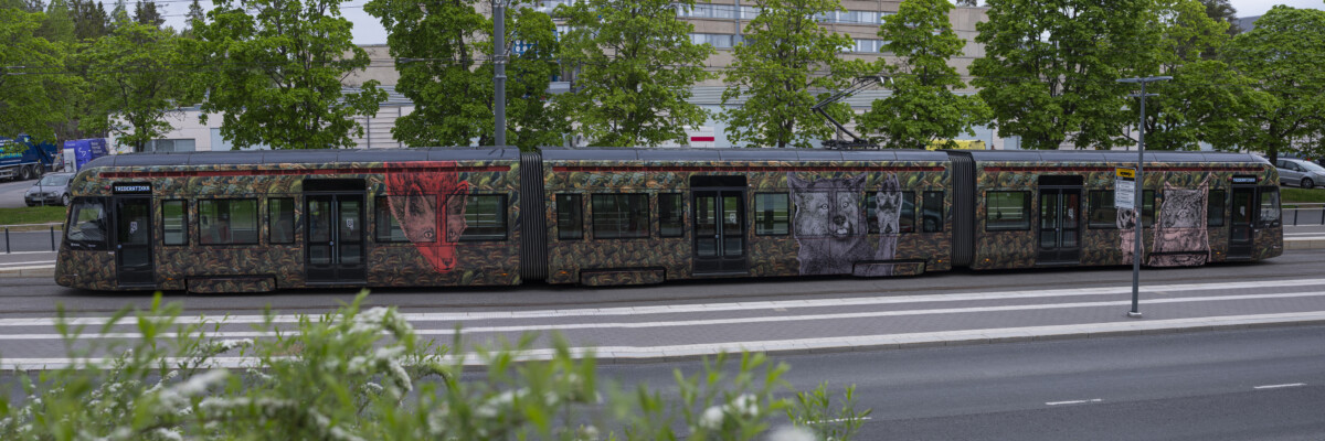 Tampereen taideratikka Ilai Elias Lehdon Morottavat metsäneläimet -teos yllään